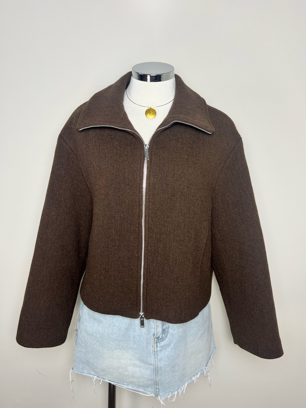 Massimo Dutti Brown Cropped Zip Jacket Women S NWT Boxy Oversized Collar